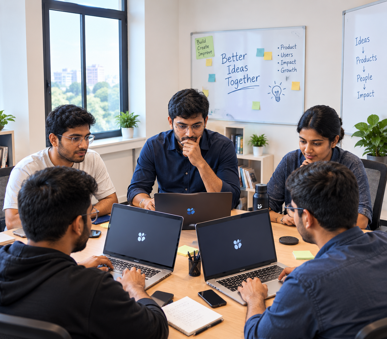 Laptop and notebook with Build Create Improve notes
